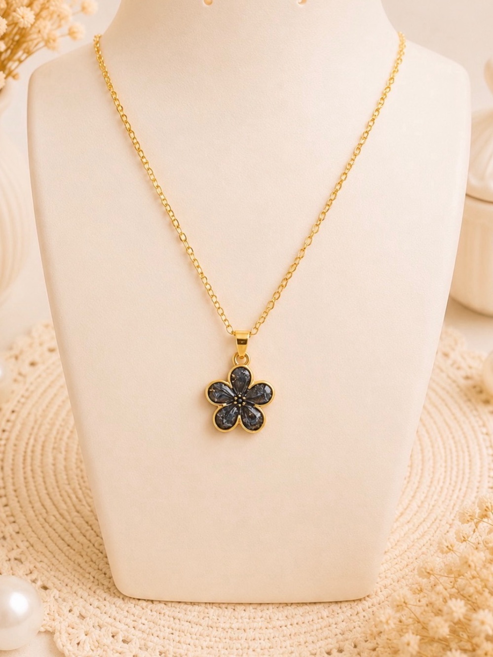 Black Flower Enamel Pendant Necklace - Gold Tone Chaim-Women Jewelry